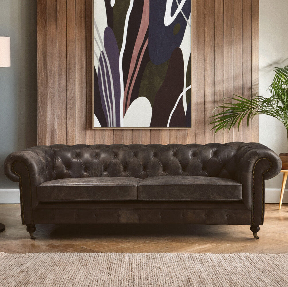 3 Seater Dark Grey Brown Leather Chesterfield Sofa, Victor