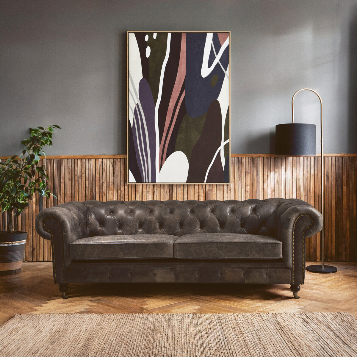 3 Seater Dark Grey Brown Leather Chesterfield Sofa, Victor - Image 17