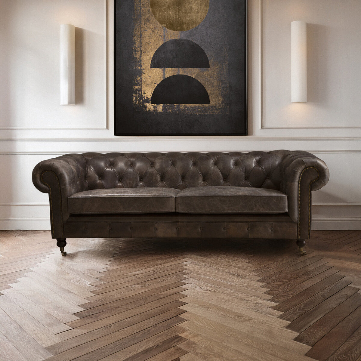 3 Seater Dark Grey Brown Leather Chesterfield Sofa, Victor - Image 18