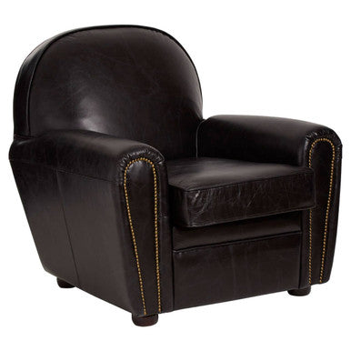 Black leather armchair with gold stitching on a white background