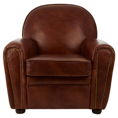 Brown leather armchair with nailhead trim on a white background