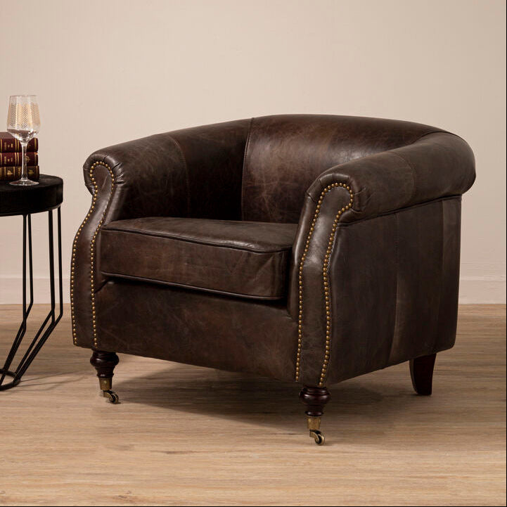Victor Dark Grey Brown Leather Curved Armchair - Image 3