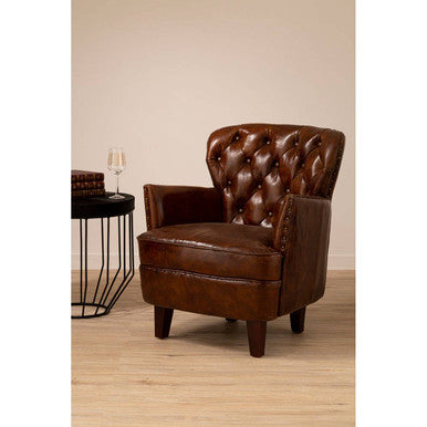 Victor Brown Leather Armchair with Button Tufted Back - Image 3