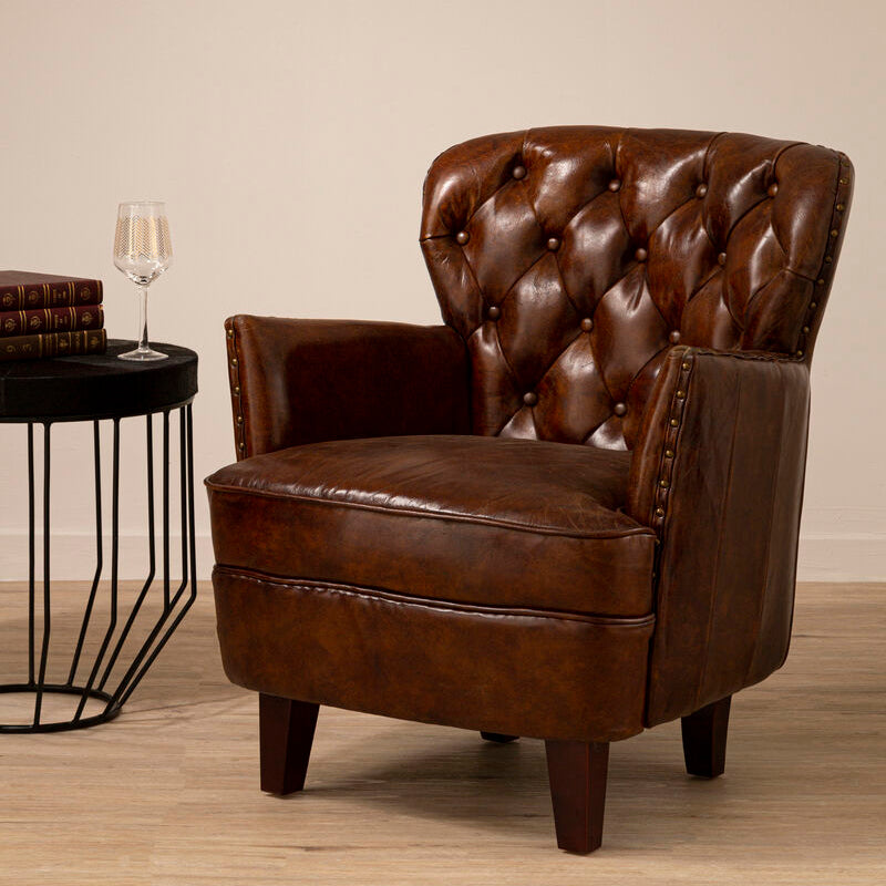 Victor Brown Leather Armchair with Button Tufted Back