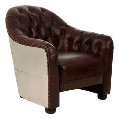 Brown leather armchair with beige accents on a white background