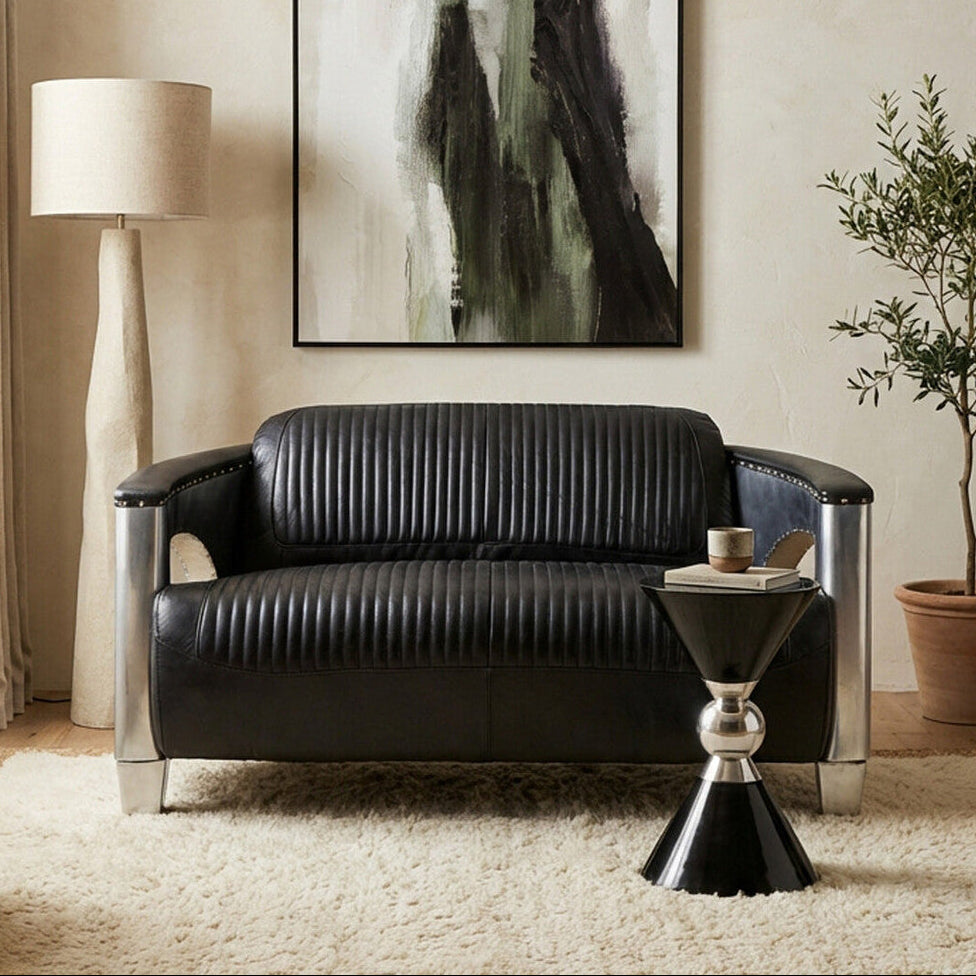 2 Seater Black Leather Sofa, Victor