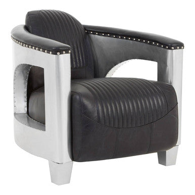 Black leather armchair with silver frame on a white background
