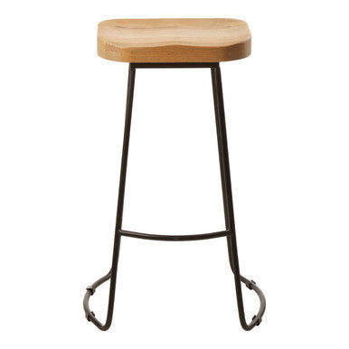 Bar stool with wooden seat and metal legs on a white background