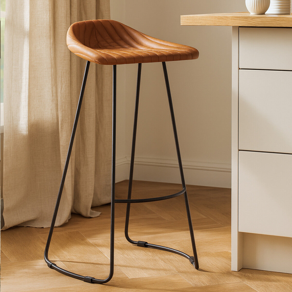 Buffalo Light Brown Leather Bar Stool With Footrest - Image 1