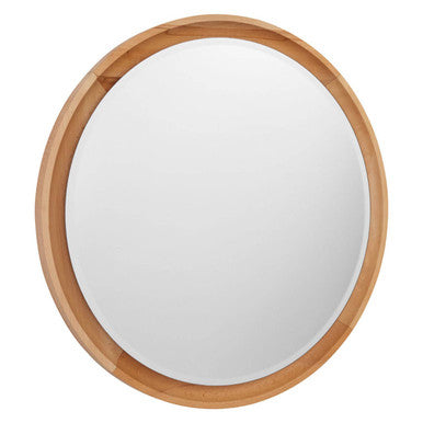 Round mirror with a wooden frame on a white background