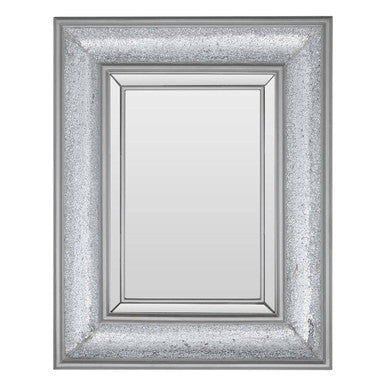 Silver framed mirror with decorative border on a white background