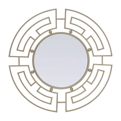 Decorative round mirror with intricate geometric frame on a white background