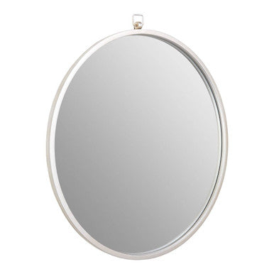 Round mirror with a silver frame on a white background