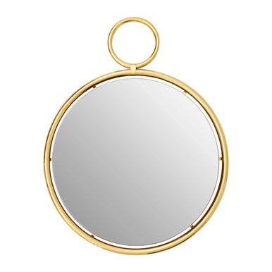 Round mirror with gold frame on a white background
