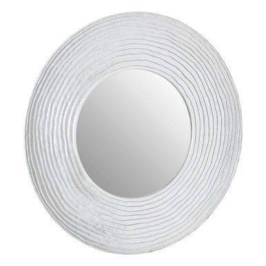 Round mirror with white decorative border on a white background