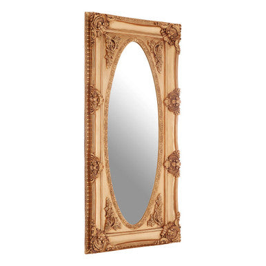 Decorative wall mirror with ornate gold frame on a white background