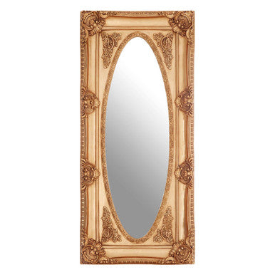 Decorative gold mirror with intricate patterns on a white background