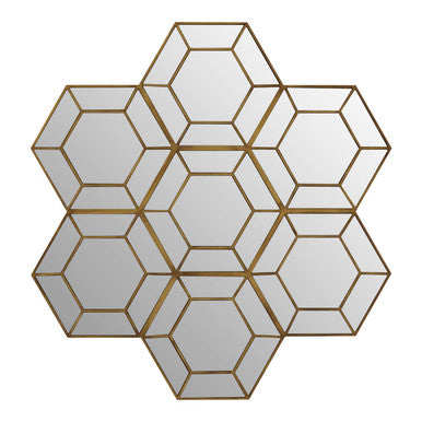 Hexagonal mirror tiles with gold frames on a white background