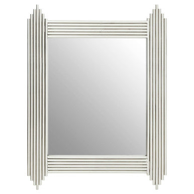 Rectangular mirror with a decorative silver frame on a white background