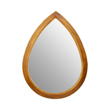 Teardrop-shaped mirror with wooden frame on a white background