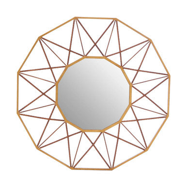 Decorative wall mirror with geometric gold frame on a white background