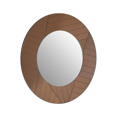 Round mirror with a brown wooden frame on a white background