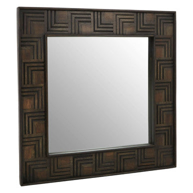 Square mirror with decorative brown frame on a white background
