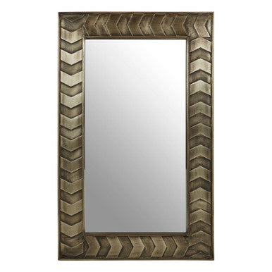 Rectangular mirror with a decorative chevron-patterned frame on a white background
