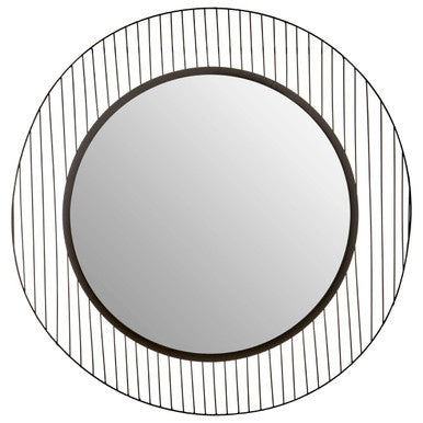Round mirror with black metal frame on a white background
