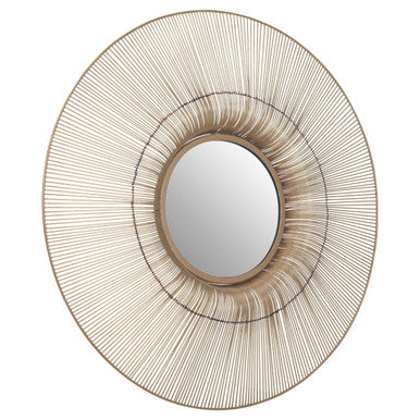 Round wall mirror with a decorative gold frame on a white background