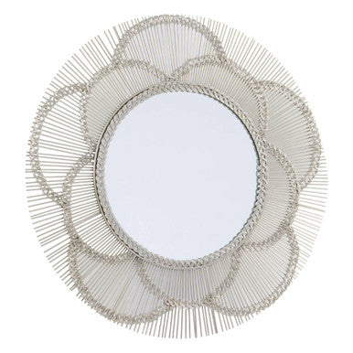 Decorative round mirror with a metallic wire frame on a white background