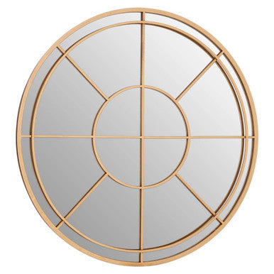 Round mirror with gold frame on a white background