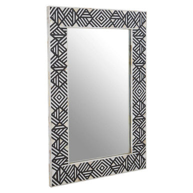Rectangular mirror with a black geometric patterned frame on a white background