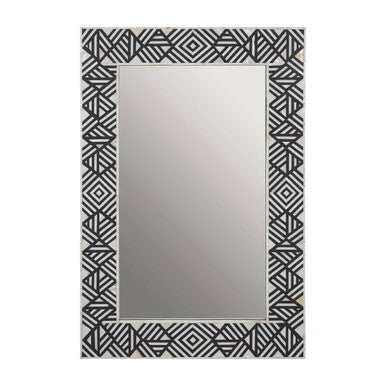Rectangular mirror with a black geometric patterned frame on a white background