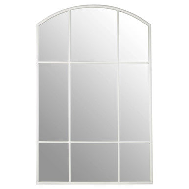 Arch-shaped window with white frame and divided glass panes on a white background