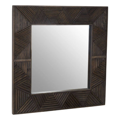 Square mirror with a dark wooden frame on a white background