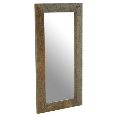 Rectangular mirror with a textured wooden frame on a white background