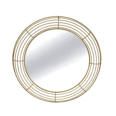 Round mirror with gold wireframe on a white background