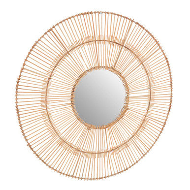 Round wall mirror with a woven rattan frame on a white background