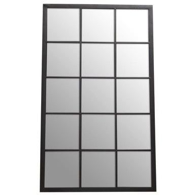 Window with black frame and glass panes on a white background