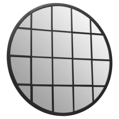 Round mirror with a grid frame on a white background