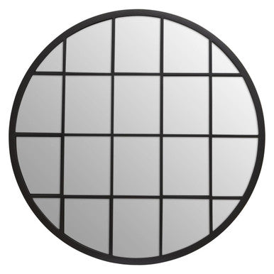 Round mirror with a grid design on a white background