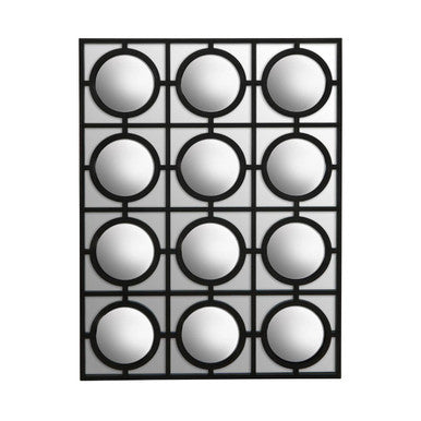 Decorative wall art with circular mirrors arranged in a grid pattern on a white background
