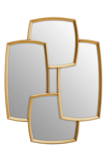 Decorative wall mirror with geometric gold frame on a white background