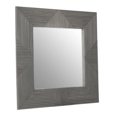 Square mirror with a textured gray frame on a white background