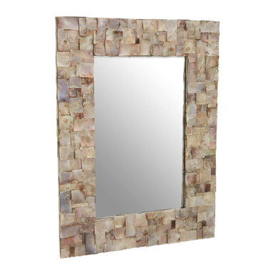 Rectangular mirror with a decorative frame made of natural stone pieces on a white background