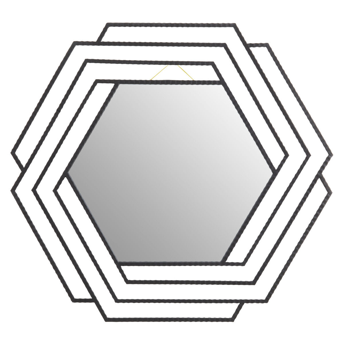 Hexagonal mirror with a geometric frame on a white background