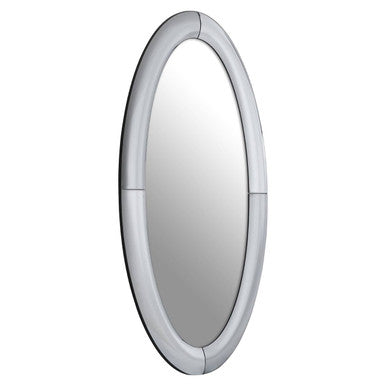 Round mirror with a silver frame on a white background