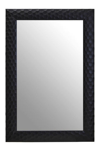 Rectangular mirror with a textured black frame on a white background