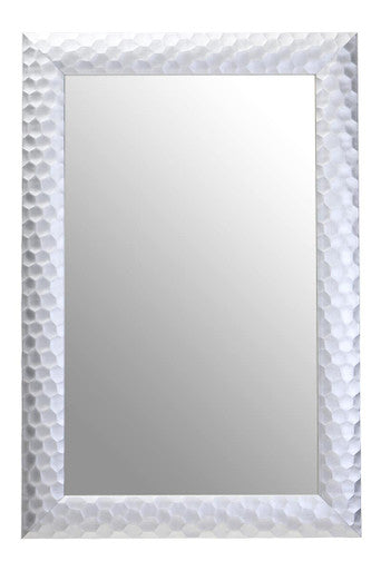 Rectangular mirror with a textured white frame on a white background